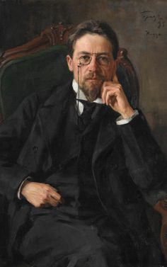 a painting of a man with glasses sitting in a chair and looking at the camera