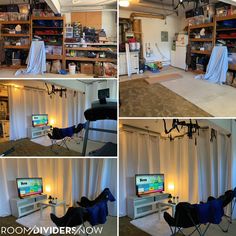 multiple pictures of a living room with various items in it and on the floor, there is a tv screen that has been turned on