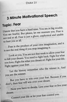 an open book with the text 3 minute motivational speech on it's page