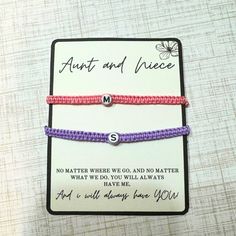 This beautifully handmade beaded macrame bracelet makes a lovely little gift for your Niece or Aunt. It can be personalised with her initials. The poem on the card reads; No Matter where we go, and no Matter what we do , you will always have me. And I will always have you .    This bracelets are adjustable. Aunt Gift Ideas, Beaded Macrame, Gift Bracelet, Auntie Gifts, Jewelry Birthday, Macrame Bracelet, Aunt Gifts, Macrame Bracelets, Pink Bracelet