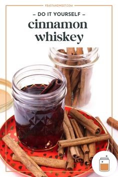 cinnamon sticks and jam on a red plate next to glass jars filled with cinnamons