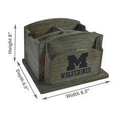 a wooden crate with the michigan wolverines logo on it and measurements for each box