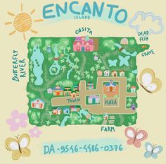 the map for encanto is shown in pastel colors and has butterflies around it