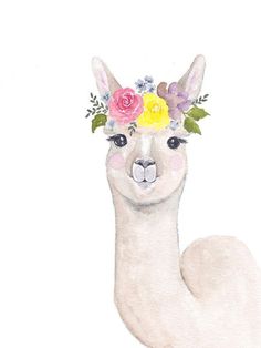 a watercolor painting of an alpaca with flowers on its head