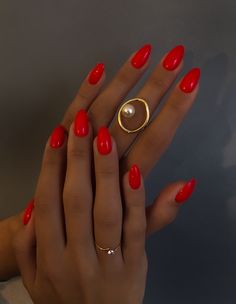 Orange Red Almond Nails, Hot Color Nails, Bright Red Summer Nails, Scarlett Nails, Orangey Red Nails, Coral Red Nails, Orange Red Nails, Ferrari Red Nails, Hot Red Nails