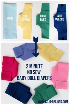 the instructions for how to sew baby doll diapers are shown in different colors