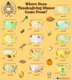 a thanksgiving dinner map with turkeys and other things to eat in the united states