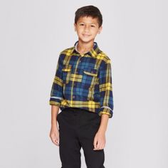 Cat & Jack Boys Size M Flannel Button Down Long Sleeve Shirt Blue Bronzed Yellow Casual Playtime Shirt With Buttons, Casual Buttoned Shirt For Playtime, Casual Shirt With Button Closure For Playtime, Casual Yellow Button-up Flannel Shirt, Boys Flannel, Comfy Casual Outfits, Boy M, Boys Plaid, Yellow Plaid