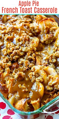 an apple pie french toast casserole in a glass dish on a red and white tablecloth