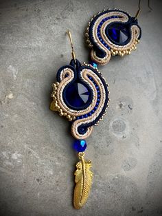 Handmade soutache earrings with Swarovski crystals. Soutache Earrings, Crown Jewels, Chandelier Earrings, Swarovski Crystals, Jewelry Earrings, Crystals, Blue, Gold, Color