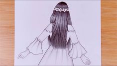 a drawing of a girl with long hair wearing a tiara and holding her hands behind her back