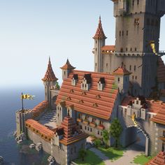 a large castle sitting on top of a lush green hillside next to the ocean in minecraft