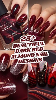 Burgundy Nail With Design, Dark Red Sparkle Nails Acrylic, Shades Of Red Nails Ideas, Deep Burgundy Nail Designs, Red Frosted Nails, Red With Accent Nail, Red And Silver Ombre Nails, Red Nails Powder Dip