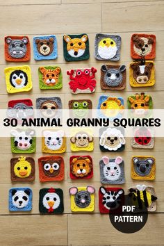 crocheted animal granny granny squares with text overlay that reads, 30 animal granny squares