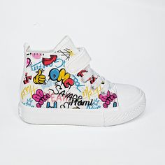 Customized Kids' Shoes with Your Design or Custom Designed Art; Personalized High Top Sneakers for Kids; Baby and Toddler Shoes for Girls Design a custom pair of shoes for an adorable child you love! With our print on demand service, we create cute shoes for kids!  Simply send us a design you'd love to see on this pair of white canvas high top sneakers!  Or, let us know the theme or idea and we'll design the graphic and send to you for your approval! Then, give us a short amount of time to prep Customized Canvas Shoes, Kids Shoes Girls, Cheerleading Squad, Infant Shoes, Shoes For Kids, Toddler Girl Shoes, Custom Kids, Shoes Custom