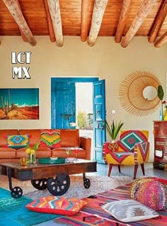 a living room filled with lots of colorful furniture