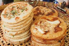 some food is sitting on a wicker tray