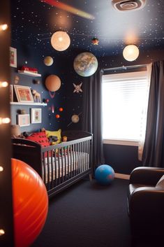 a baby's room decorated in space themed decor