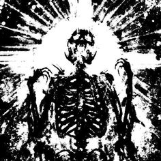 a black and white image of a skeleton holding two hands in front of the sun