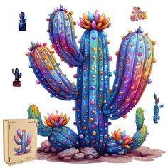 a painting of a cactus with many different colored cacti on it's side