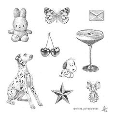 a black and white drawing of various items that are in the shape of a dog