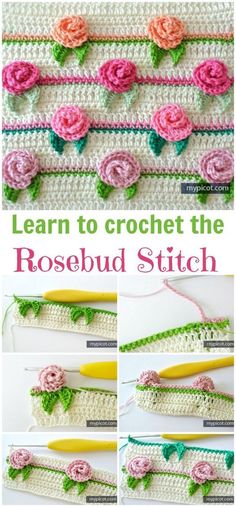 crochet rosebud stitch pattern with instructions to make the flower and leaves