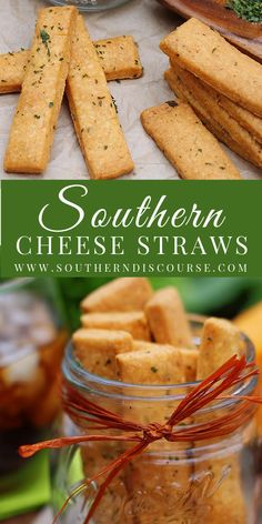 homemade southern cheese straws in a mason jar and on a table with other snacks