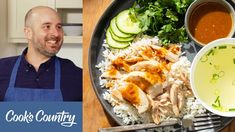 a man sitting in front of a plate of food with chicken, rice and cucumbers