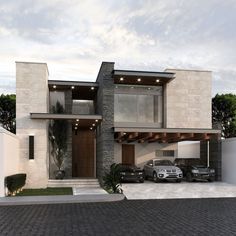 two cars are parked in front of a modern house with stone and brick exterior,