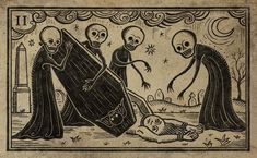 three skeletons are depicted in an old - fashioned illustration on parchment paper, and one skeleton is laying down