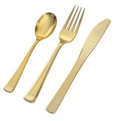 a set of gold colored forks and spoons