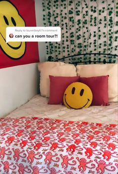 a bed with a smiley face pillow on it's headboard and the words, can you room tour?