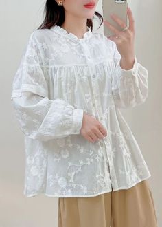 French White Embroidered Button Cotton Shirt Long SleeveFabric: Cotton BlendedSize & Fit: Fit: This garment fits true to size.Length: Size XL measures 25.35"from shoulder to hemBust: Great for any cup size. Waist: Loose Fit. Comfortable room throughout midsection.Hip: Loose Fit - room for hips. Hand Wash Cold. White Button-up Top With Floral Embroidery, White Floral Embroidered Button-up Top, White Embroidered Button-up Top, Long Sleeve Shirt With Floral Embroidery And Relaxed Fit, Relaxed Fit Long Sleeve Shirt With Floral Embroidery, Embroidered Button-up Top For Daywear, Embroidered Button-up Daywear Top, Long Fall Dresses, Pinterest Contest