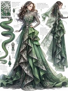 Green Fantasy Dress Drawing, Green Fantasy Dress, Slytherin Dresses, Slytherin Dress, Slytherin Uniform, Jade Green Dress, Fitness Fashion Outfits, Emerald Dresses