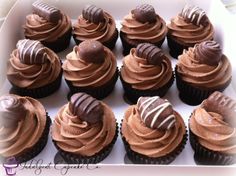 chocolate cupcakes with frosting in a box