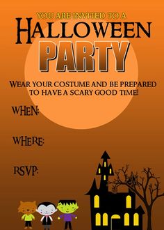 a halloween party flyer with two kids in front of a house and the words you're