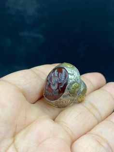 A very Beautiful old engraved agate with Sterling silver ring Gold Nugget, Natural Coral, Agate Beads, Loose Beads, Signet Ring, Turquoise Stone, Round Beads, Class Ring, Sterling Silver Rings