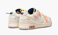 The Off-White x Nike Dunk Low “Lot 19” is one of fifty colorways of the retro basketball, skate, and lifestyle shoe designed by Virgil Abloh for the “Lot 50” collection.  Released by Nike in August 2021, “Lot 50” succeeded Abloh’s influential “The 10” collaboration with Nike and Jordan that saw models like the Air Jordan 1, Nike Air Max 97, and others, undergo dramatic changes.  Here, on “Lot 19,” Sail leather appears on the perforated toe, mid-panel, collar, and heel.  Both the overlays and Swo Nike Dunk Low Off White, Off White Dunk, Off White X Nike, Perfect Sneakers, Baskets Nike, Nike Brand, Jordan 13, Jordan 5, Jordan 3