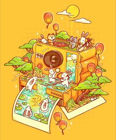 an image of a camera with animals on it and some balloons in the sky above