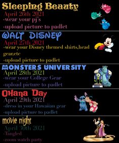 an advertisement for the sleeping beauty event with characters from disney and pixama on it