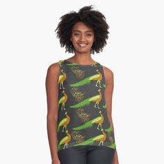 Get my art printed on awesome products. Support me at Redbubble #RBandME: https://www.redbubble.com/i/top/African-Pattern-Design-African-Print-Fabric-by-Cultradesign/58074302.6AQD3?asc=u Peacock Feather Pattern Design, Peacock Embellishment, Peacock Feather Motif, Green African Print Fabric, Ankara Fabric Bird, Sleeveless Top Designs