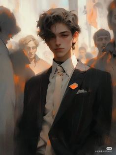 a painting of a young man in a suit and tie with other people behind him