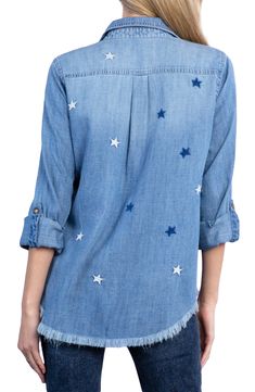 Keep it cool and casual in this denim button-up shirt featuring scattered embroidered stars and a frayed hem. Front button closure Spread collar Long sleeves with roll-tab cuffs Chest button-flap patch pockets High-low hem 55% cotton, 45% lyocell Machine wash, tumble dry Imported Billy T, Embroidered Stars, Keep It Cool, Summer Wardrobe Essentials, Womens Denim Shirt, Star Buttons, Made Clothing, Toddler Girl Outfits, Comfortable Dress