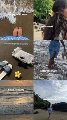 there are four different pictures with the same person walking on the beach and in the water