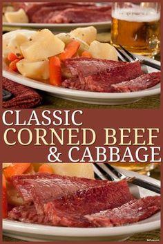 the cover of classic corned beef and cabbage cookbook is shown on two plates