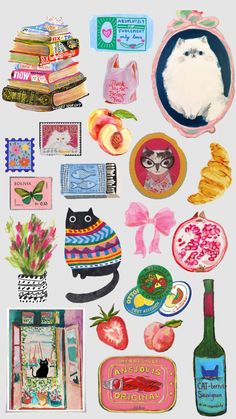 an assortment of stickers and magnets with cats, flowers, fruit, and other items