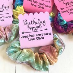 hair scrunffles with birthday messages on them