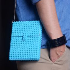 Azure hip clutch on a chain made entirely with LEGO by agabag Lego Bag, Lego Diy, Toy Sculpture, Unique Handbags, Modern Bag, Etsy Stuff, Lego Bricks, Messy Play, Wardrobe Accessories