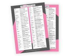 two pink and black printable menus with the names of different types of food