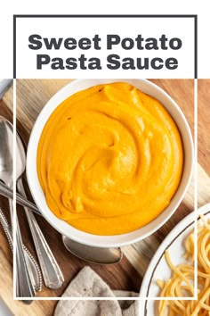 sweet potato pasta sauce in a white bowl on a wooden cutting board with silverware